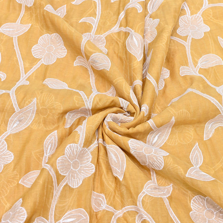 Light Yellow Color Mul Chanderi Zari Line Embroidery Fabric – Lightweight Summer Designer Fabric- GP3980-2