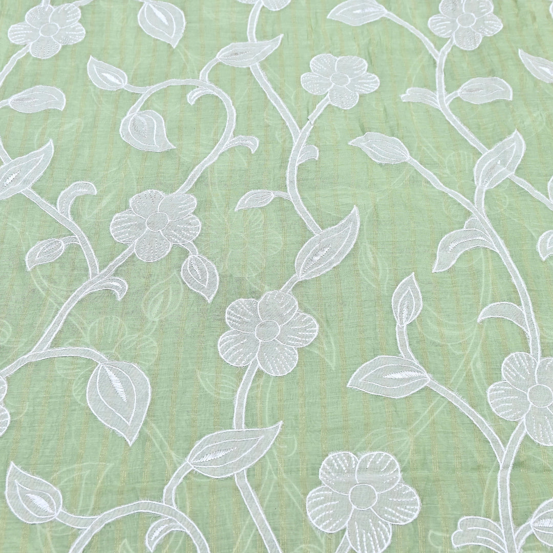 Light Green Color Mul Chanderi Zari Line Embroidery Fabric – Lightweight Summer Designer Fabric- GP3980-3