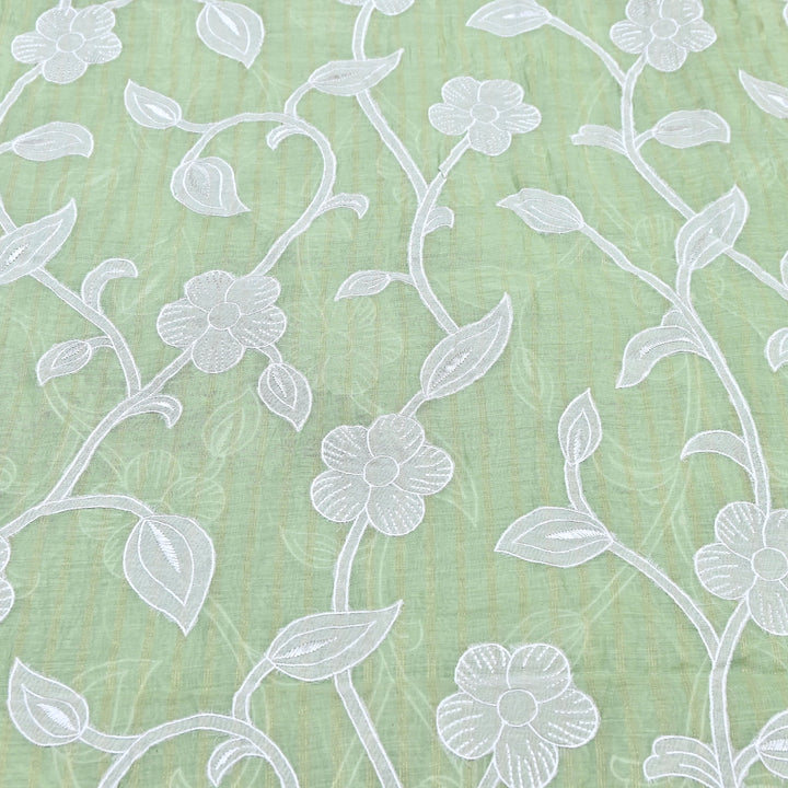 Light Green Color Mul Chanderi Zari Line Embroidery Fabric – Lightweight Summer Designer Fabric- GP3980-3