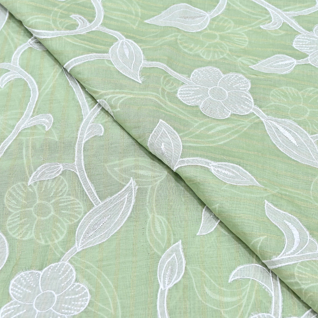 Light Green Color Mul Chanderi Zari Line Embroidery Fabric – Lightweight Summer Designer Fabric- GP3980-3