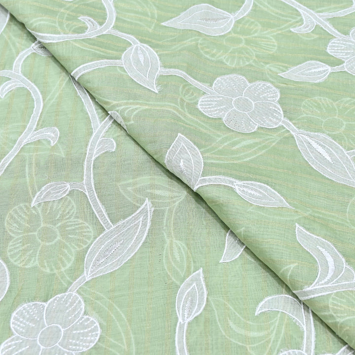 Light Green Color Mul Chanderi Zari Line Embroidery Fabric – Lightweight Summer Designer Fabric- GP3980-3