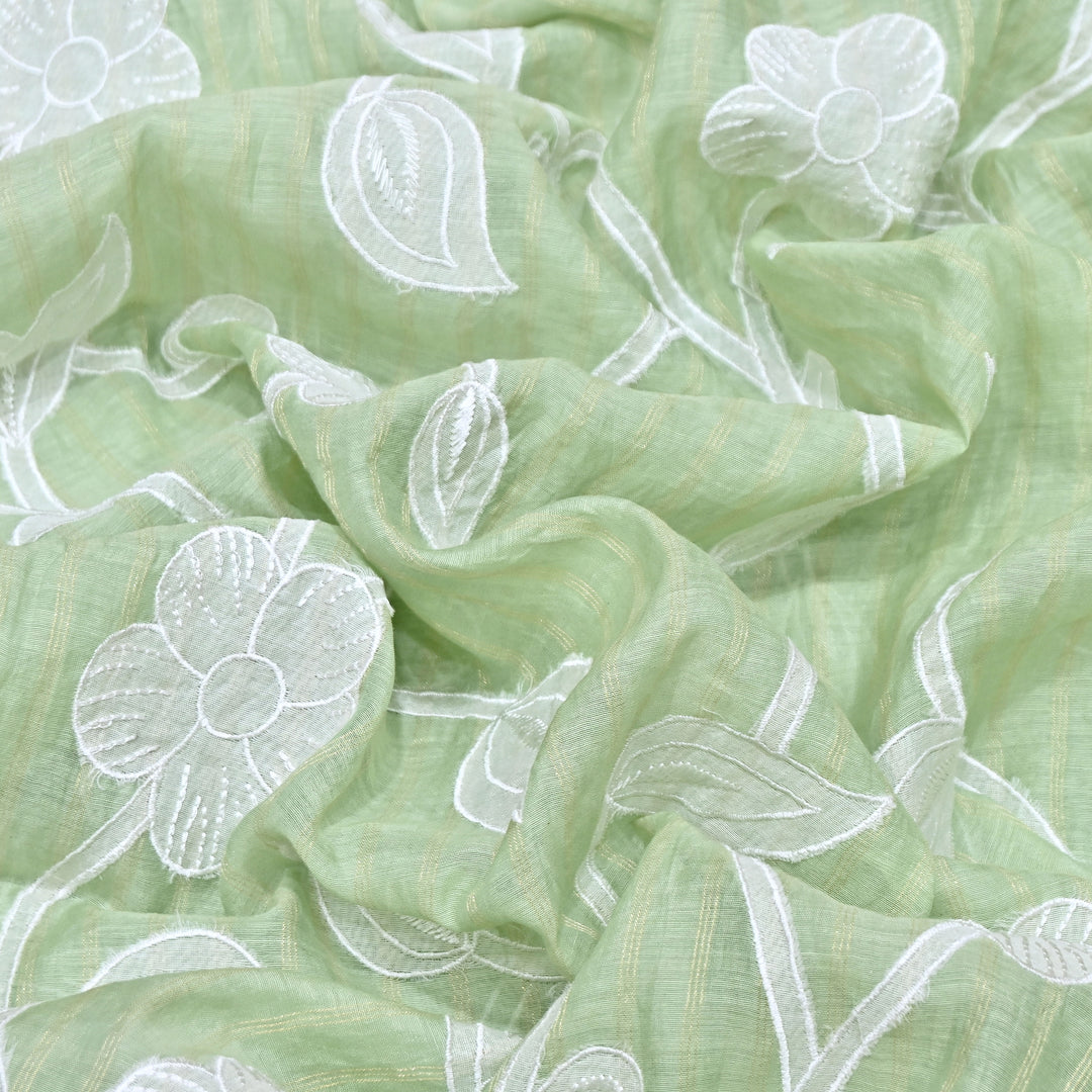 Light Green Color Mul Chanderi Zari Line Embroidery Fabric – Lightweight Summer Designer Fabric- GP3980-3