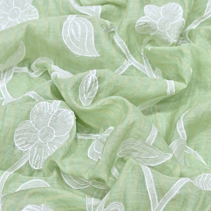 Light Green Color Mul Chanderi Zari Line Embroidery Fabric – Lightweight Summer Designer Fabric- GP3980-3