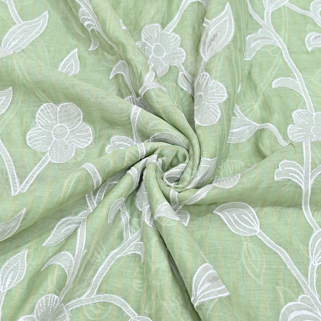 Light Green Color Mul Chanderi Zari Line Embroidery Fabric – Lightweight Summer Designer Fabric- GP3980-3