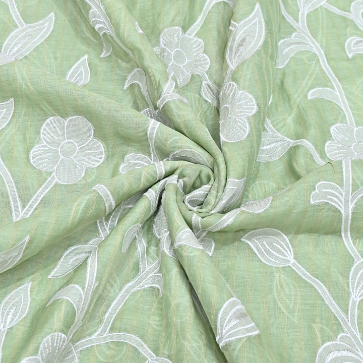 Light Green Color Mul Chanderi Zari Line Embroidery Fabric – Lightweight Summer Designer Fabric- GP3980-3
