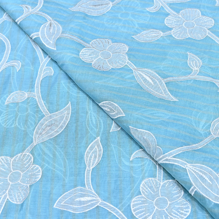 Powder Blue Color Mul Chanderi Zari Line Embroidery Fabric – Lightweight Summer Designer Fabric- GP3980-4