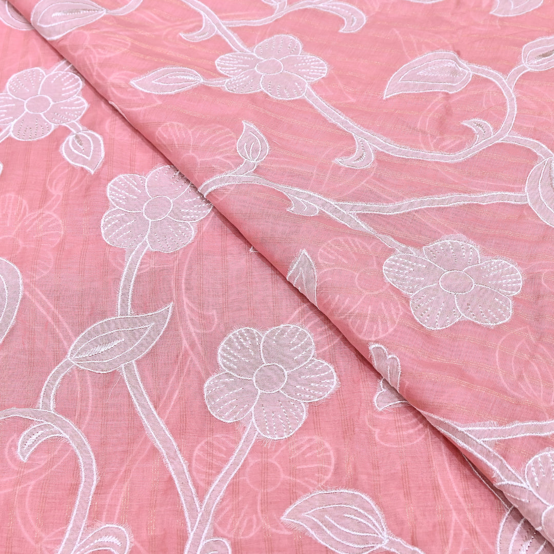 Powder Pink  Color Mul Chanderi Zari Line Embroidery Fabric – Lightweight Summer Designer Fabric- GP3980-5