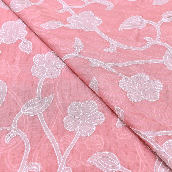 Powder Pink  Color Mul Chanderi Zari Line Embroidery Fabric – Lightweight Summer Designer Fabric- GP3980-5
