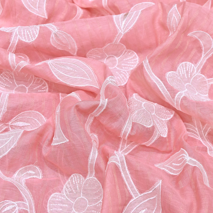 Powder Pink  Color Mul Chanderi Zari Line Embroidery Fabric – Lightweight Summer Designer Fabric- GP3980-5