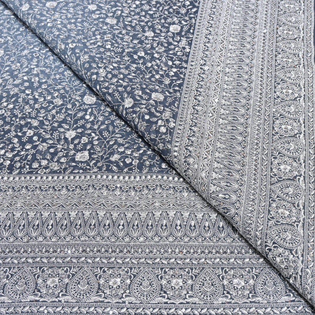 Jet Grey Dyed Viscose Georgette Zari Sequins Embroidery Fabric-SC0R255A