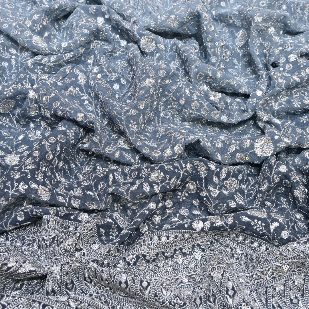 Jet Grey Dyed Viscose Georgette Zari Sequins Embroidery Fabric-SC0R255A