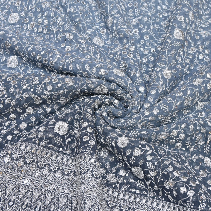 Jet Grey Dyed Viscose Georgette Zari Sequins Embroidery Fabric-SC0R255A