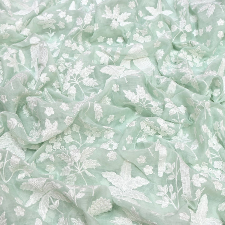 Sea Mist Dyed Mul Chanderi Thread Embroidery Fabric-SC0R270