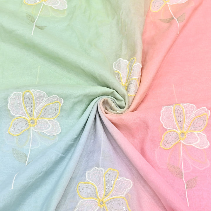 4D Shaded Mul Chanderi Floral Patch & Thread Embroidery Fabric – Designer Summer Fabric GP3925-5