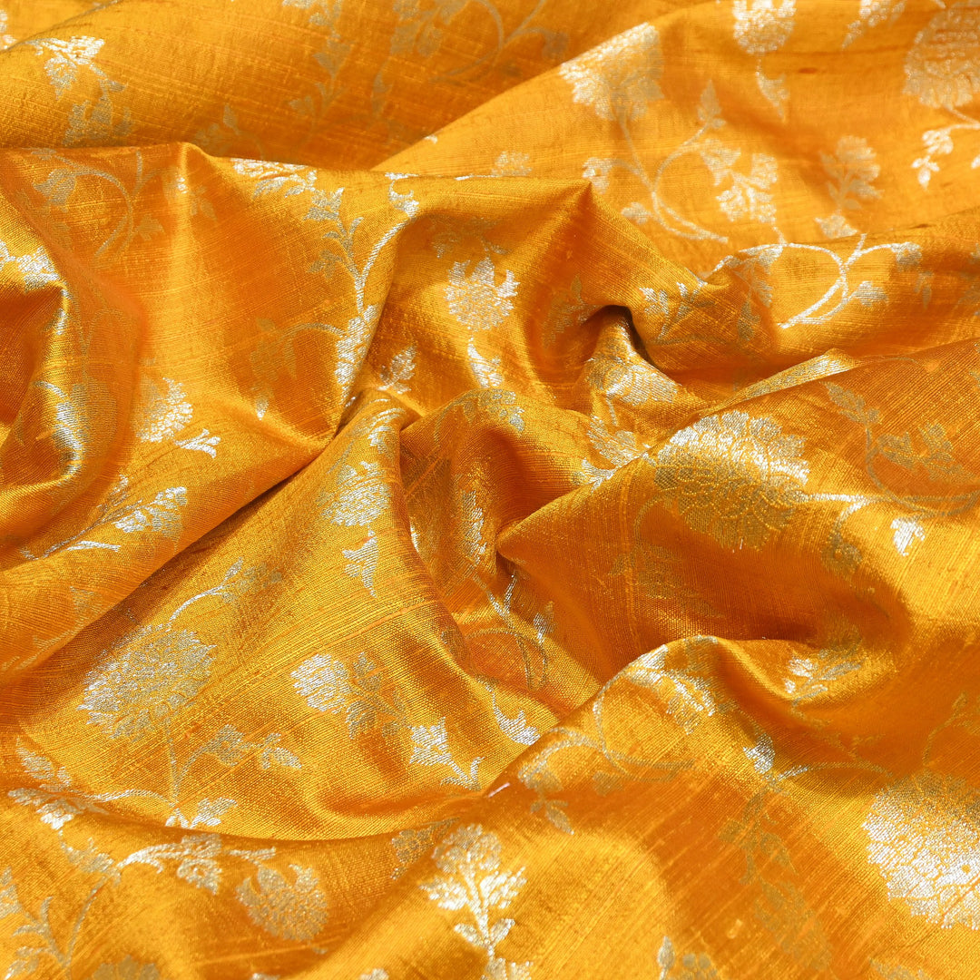 Raw Silk Zari Brocade Fabric – Rich Traditional Floral Designer Fabric-001595-02