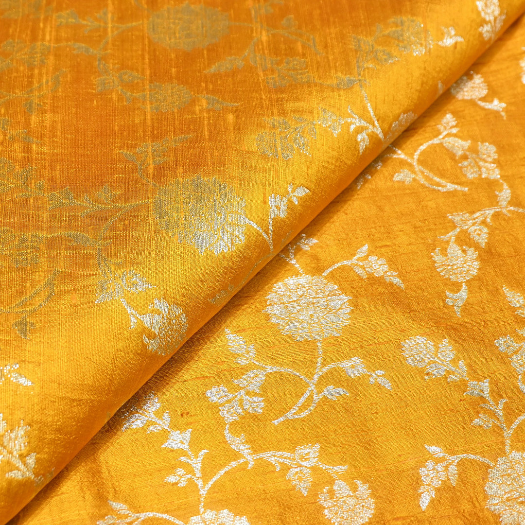 Raw Silk Zari Brocade Fabric – Rich Traditional Floral Designer Fabric-001595-02