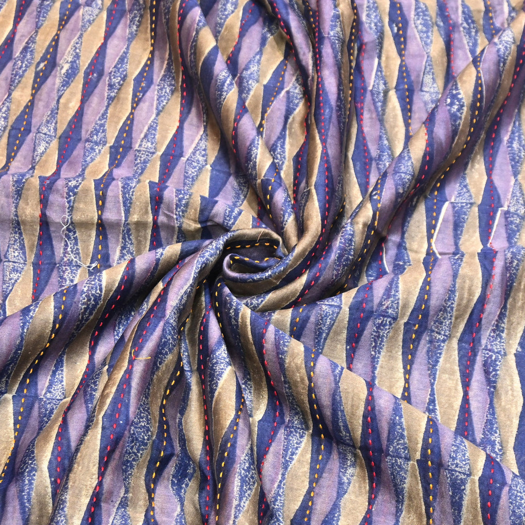 Pure Silk Chanderi Kantha Print Fabric 44" – Designer Printed Silk Chanderi Fabric - KAT445-1
