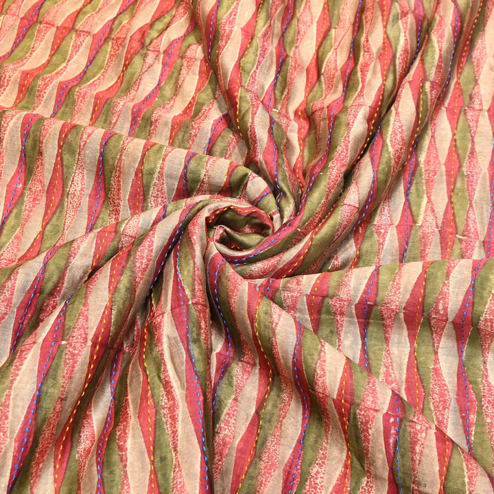 Pure Silk Chanderi Kantha Print Fabric 44" – Designer Printed Silk Chanderi Fabric - KAT445-2