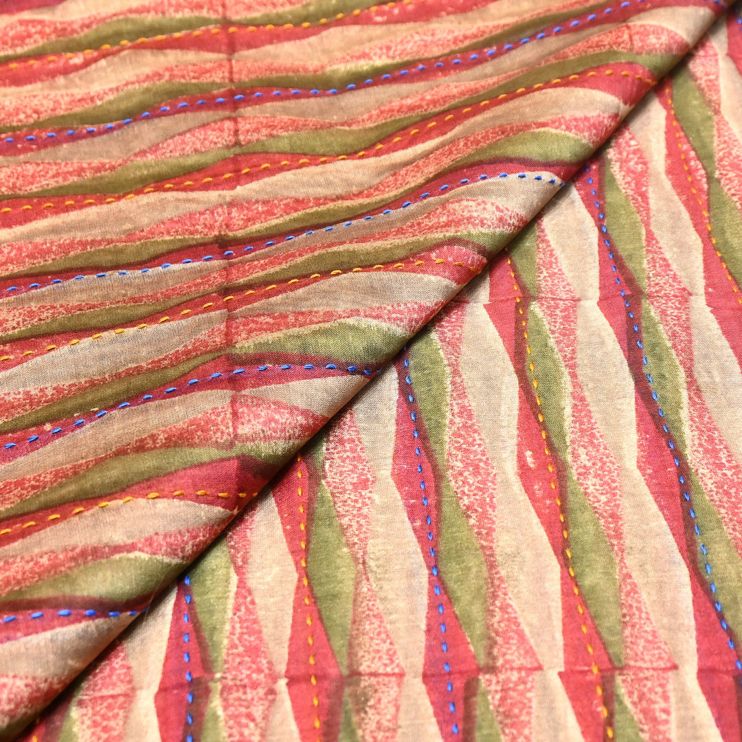 Pure Silk Chanderi Kantha Print Fabric 44" – Designer Printed Silk Chanderi Fabric - KAT445-2