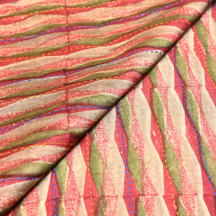 Pure Silk Chanderi Kantha Print Fabric 44" – Designer Printed Silk Chanderi Fabric - KAT445-2