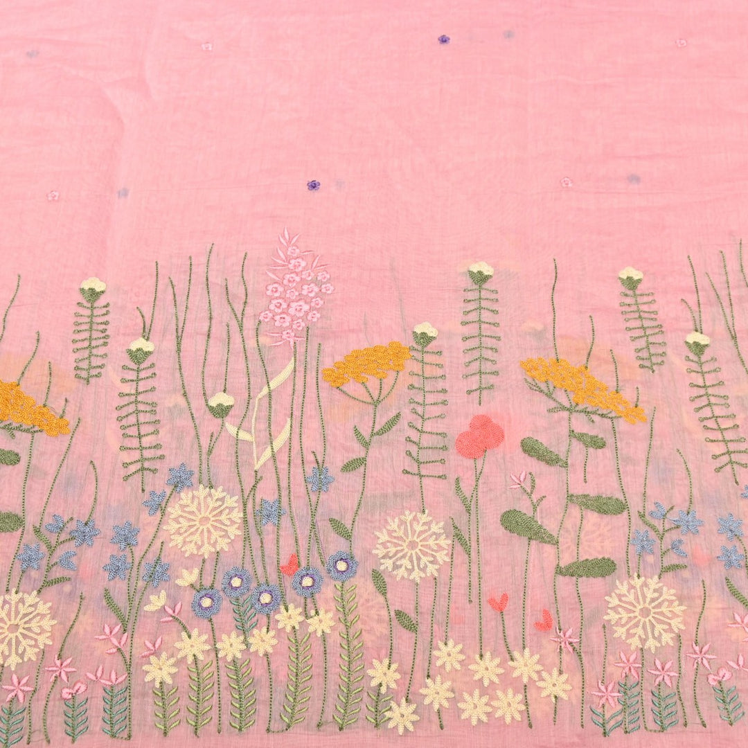 Flamingo Pink Dyed Mul Chanderi Thread Embroidery Fabric-V1700C