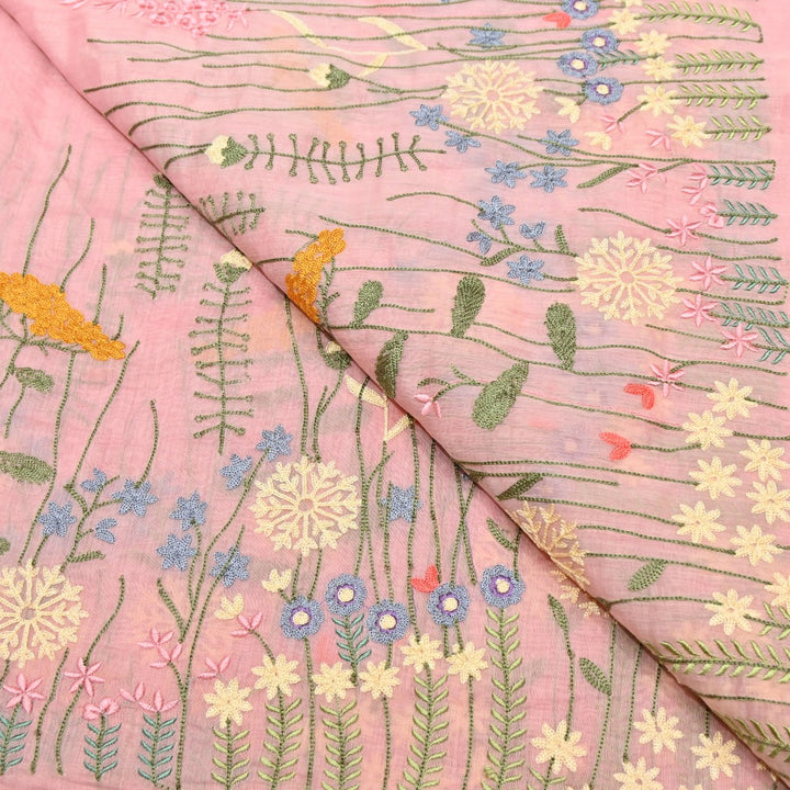 Flamingo Pink Dyed Mul Chanderi Thread Embroidery Fabric-V1700C