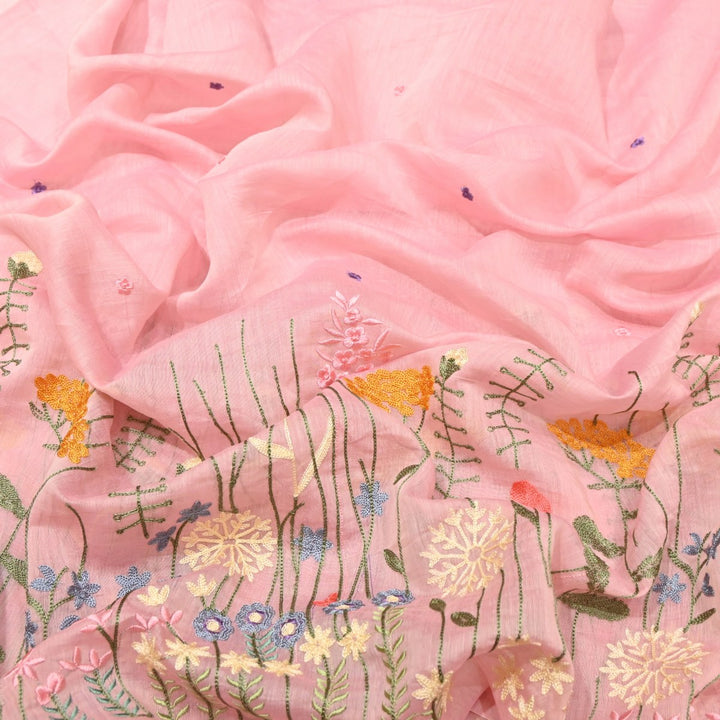 Flamingo Pink Dyed Mul Chanderi Thread Embroidery Fabric-V1700C