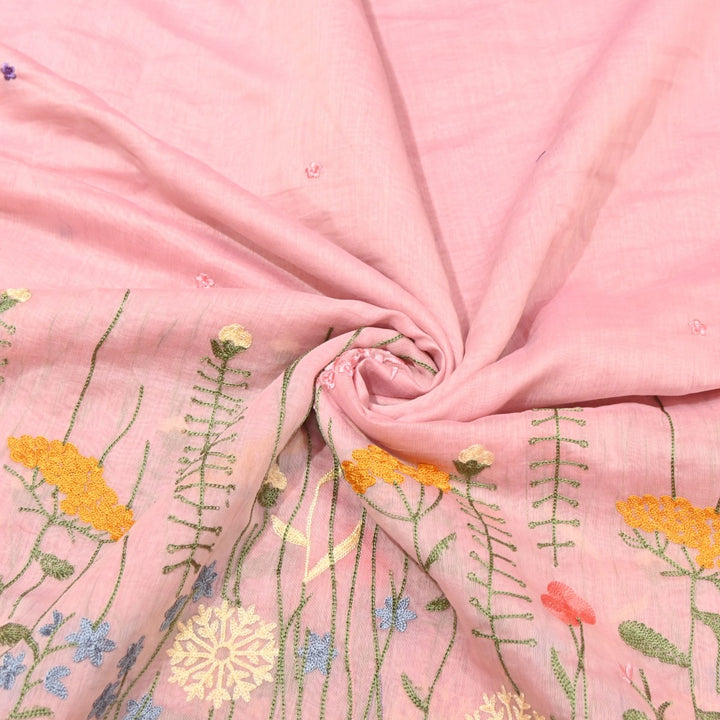 Flamingo Pink Dyed Mul Chanderi Thread Embroidery Fabric-V1700C
