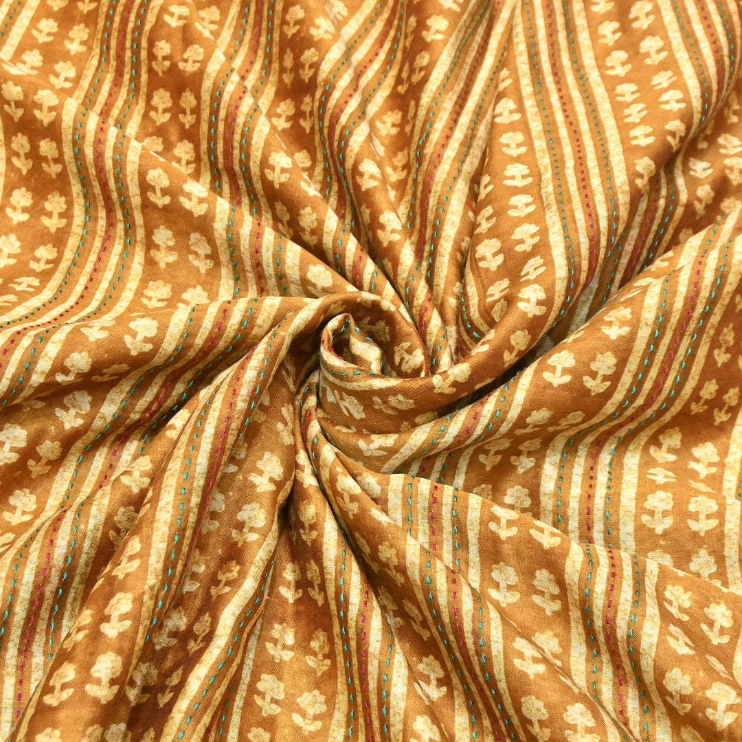 Pure Silk Chanderi Kantha Print Fabric 44" – Designer Printed Silk Chanderi Fabric - KAT445-4