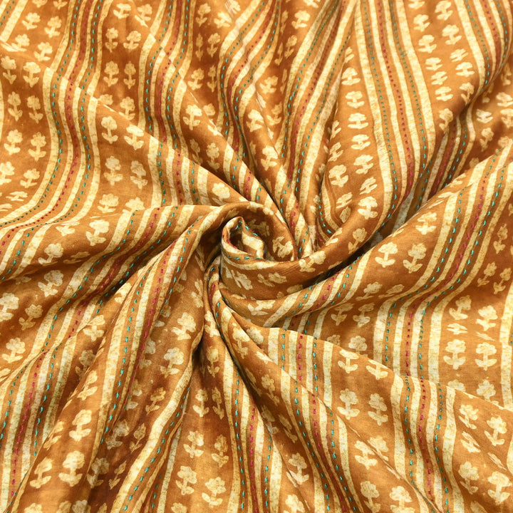 Pure Silk Chanderi Kantha Print Fabric 44" – Designer Printed Silk Chanderi Fabric - KAT445-4