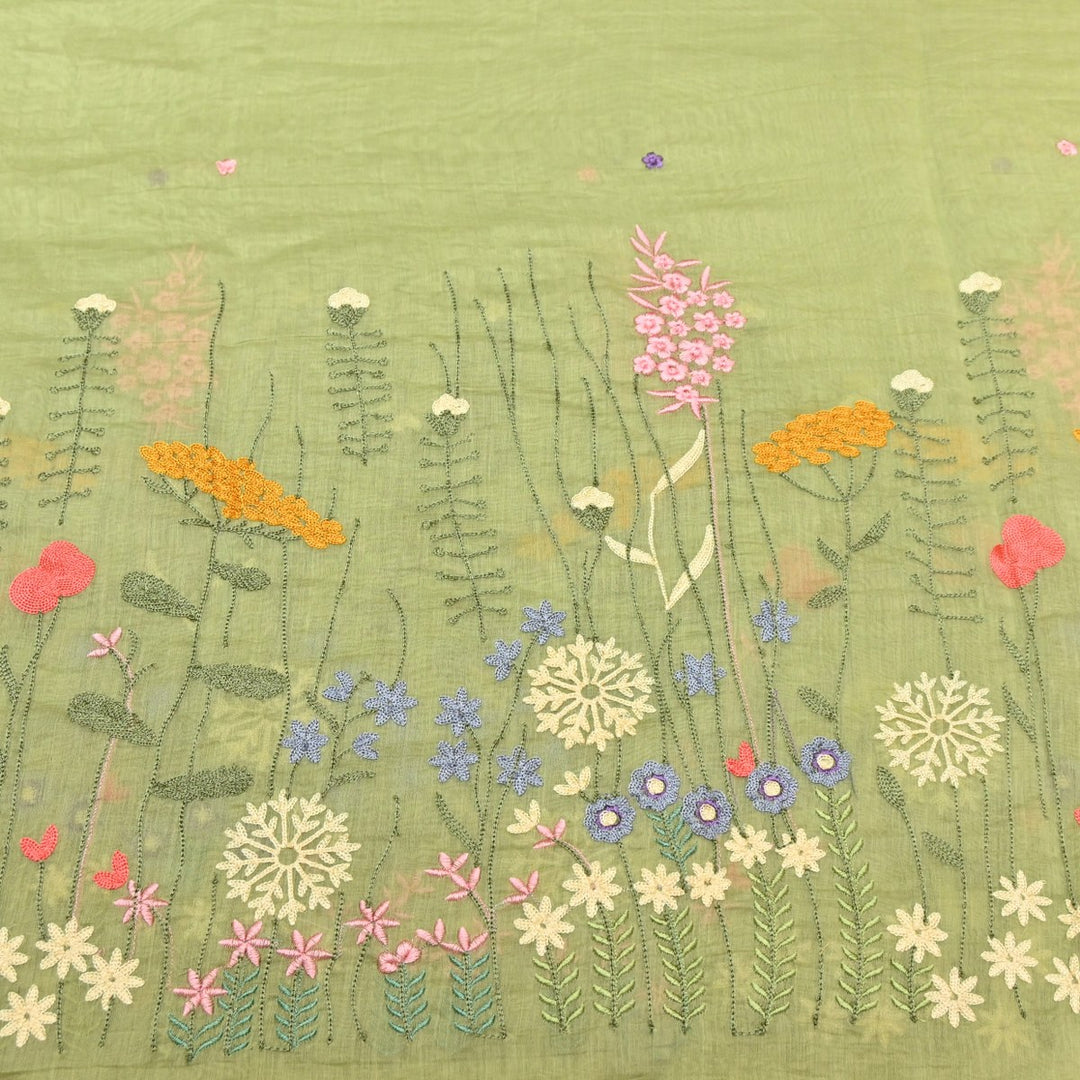 Greenish Tan Dyed Mul Chanderi Thread Embroidery Fabric-V1700C