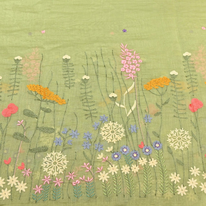 Greenish Tan Dyed Mul Chanderi Thread Embroidery Fabric-V1700C