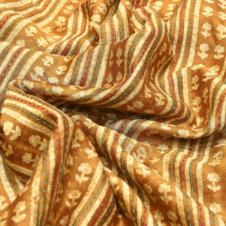 Pure Silk Chanderi Kantha Print Fabric 44" – Designer Printed Silk Chanderi Fabric - KAT445-4