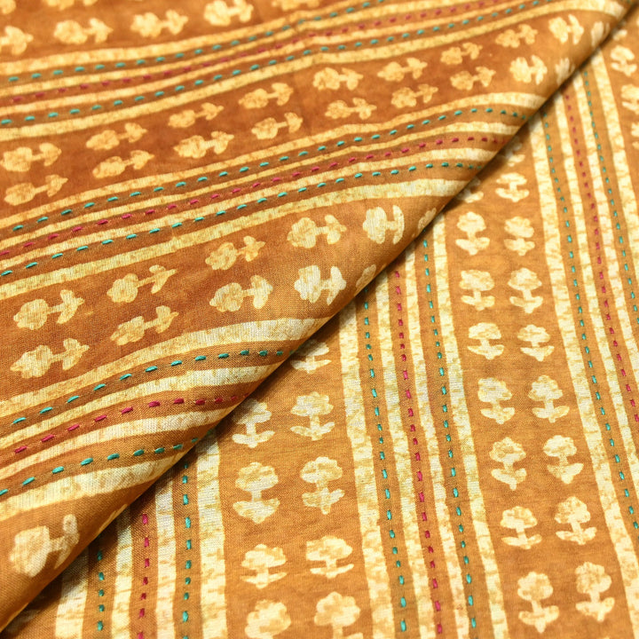 Pure Silk Chanderi Kantha Print Fabric 44" – Designer Printed Silk Chanderi Fabric - KAT445-4