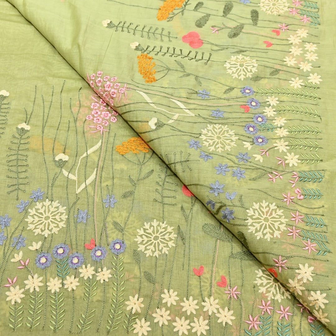 Greenish Tan Dyed Mul Chanderi Thread Embroidery Fabric-V1700C
