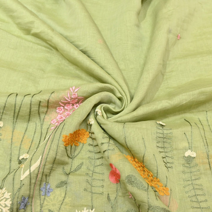 Greenish Tan Dyed Mul Chanderi Thread Embroidery Fabric-V1700C