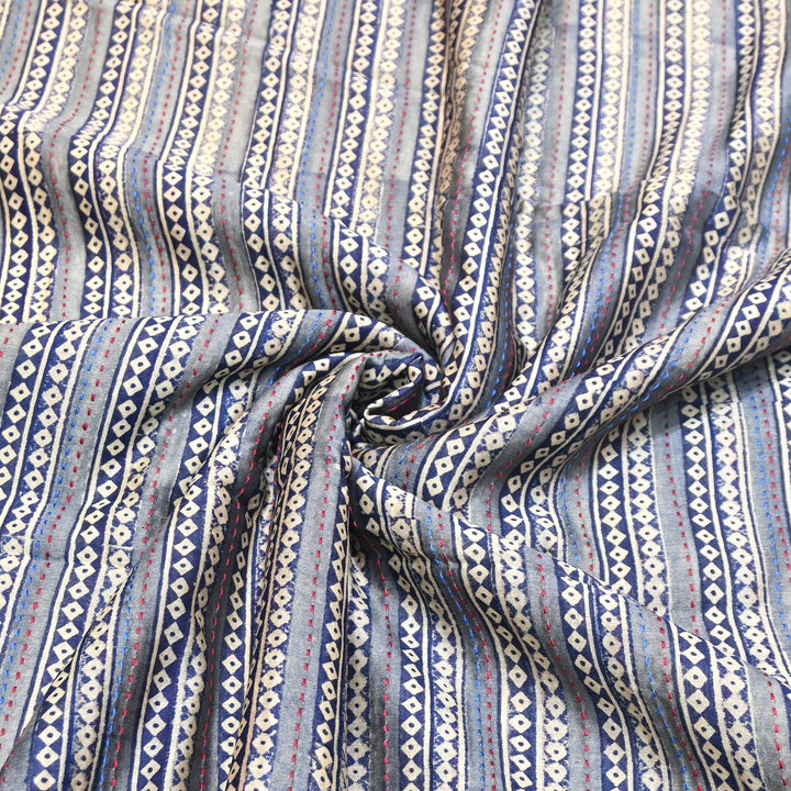 Pure Silk Chanderi Kantha Print Fabric 44" – Designer Printed Silk Chanderi Fabric - KAT445-5
