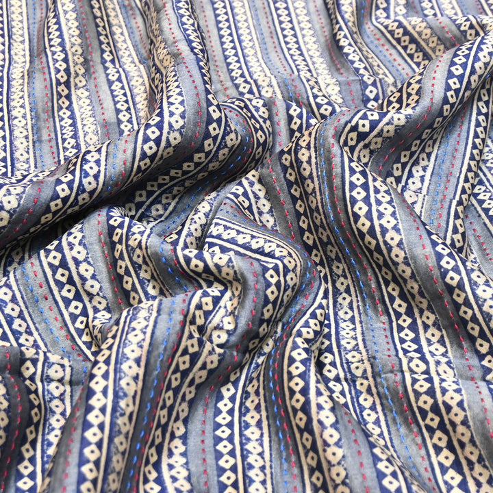 Pure Silk Chanderi Kantha Print Fabric 44" – Designer Printed Silk Chanderi Fabric - KAT445-5