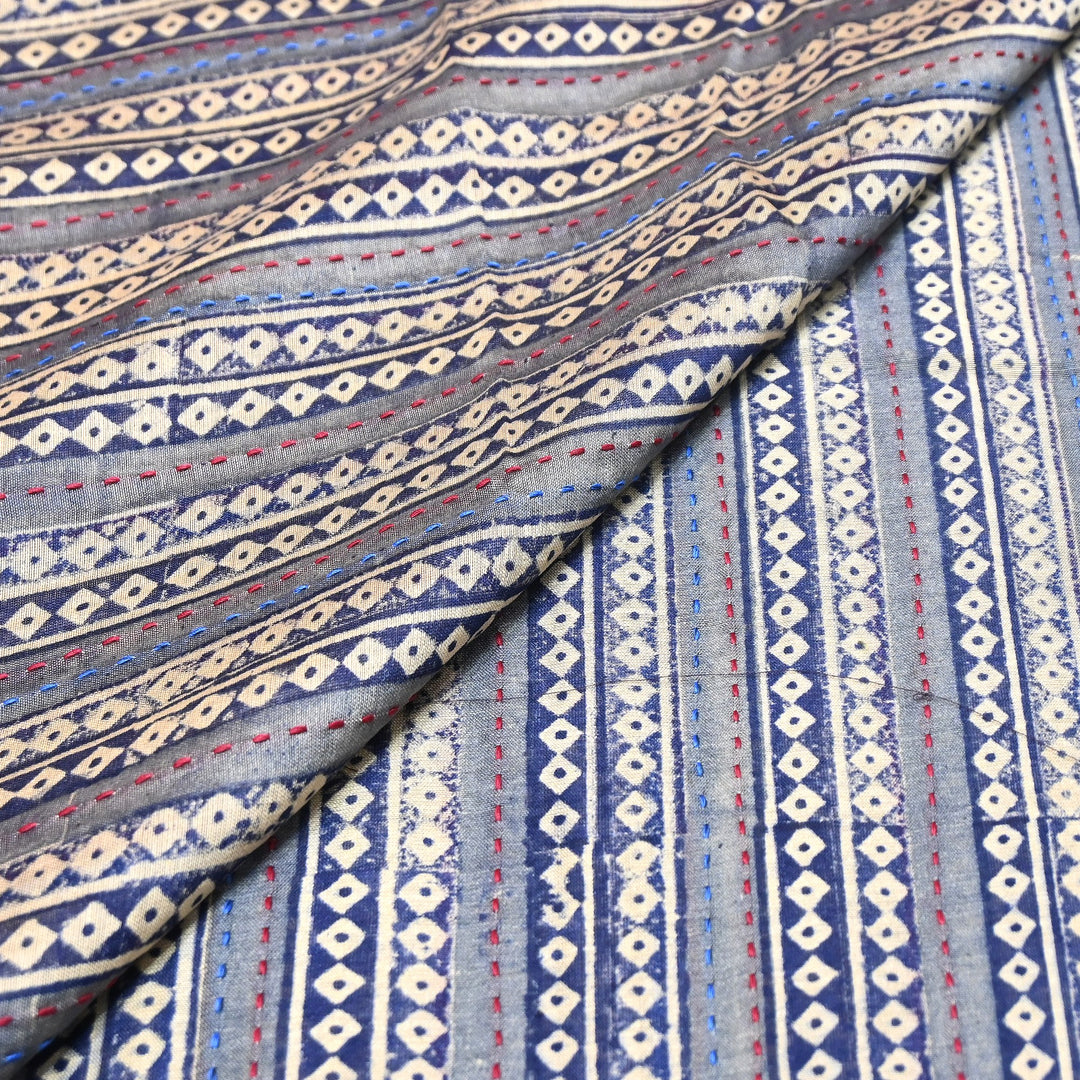 Pure Silk Chanderi Kantha Print Fabric 44" – Designer Printed Silk Chanderi Fabric - KAT445-5