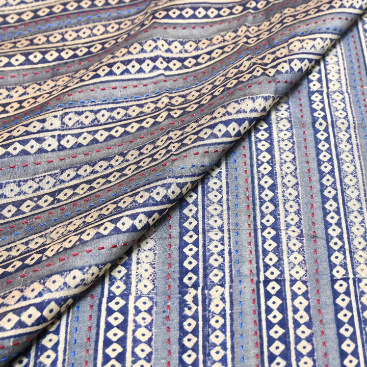 Pure Silk Chanderi Kantha Print Fabric 44" – Designer Printed Silk Chanderi Fabric - KAT445-5