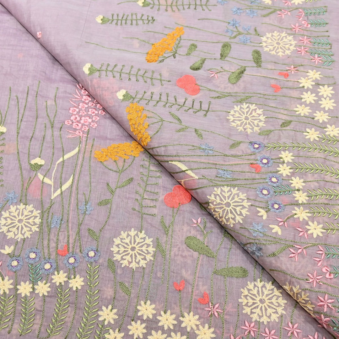 Pink Flare Dyed Mul Chanderi Thread Embroidery Fabric-V1700C