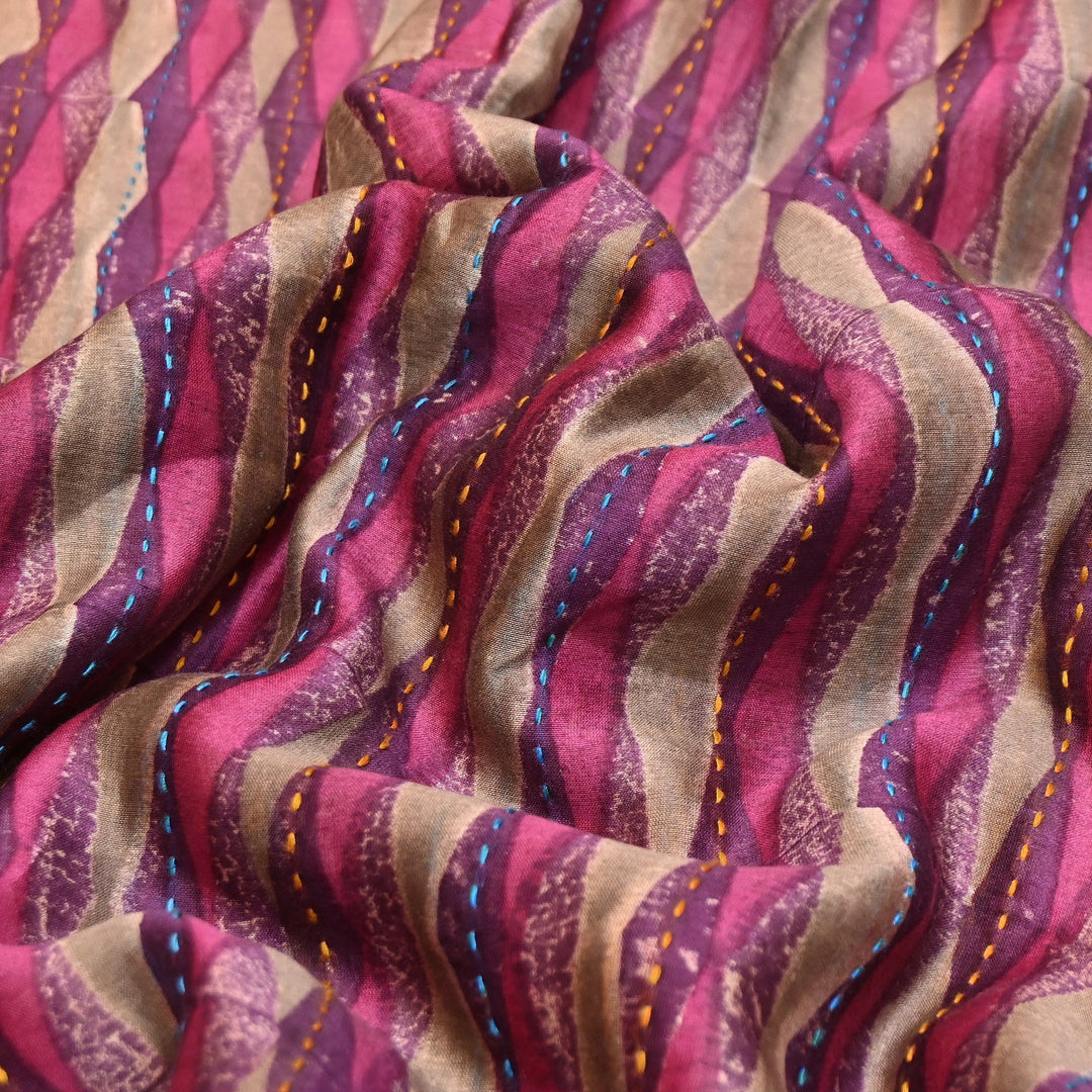 Pure Silk Chanderi Kantha Print Fabric 44" – Designer Printed Silk Chanderi Fabric - KAT445-6