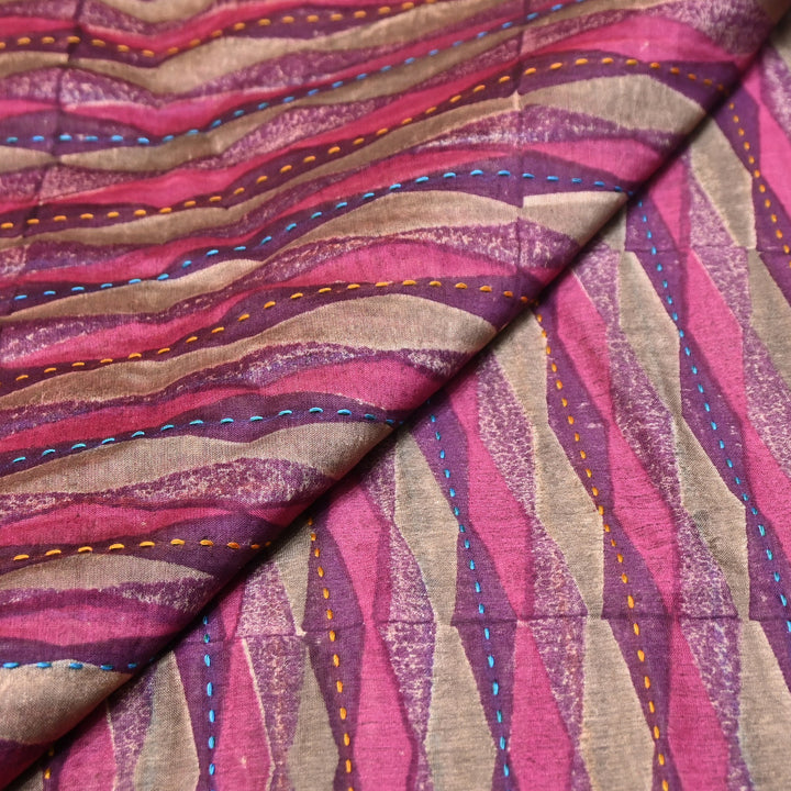 Pure Silk Chanderi Kantha Print Fabric 44" – Designer Printed Silk Chanderi Fabric - KAT445-6