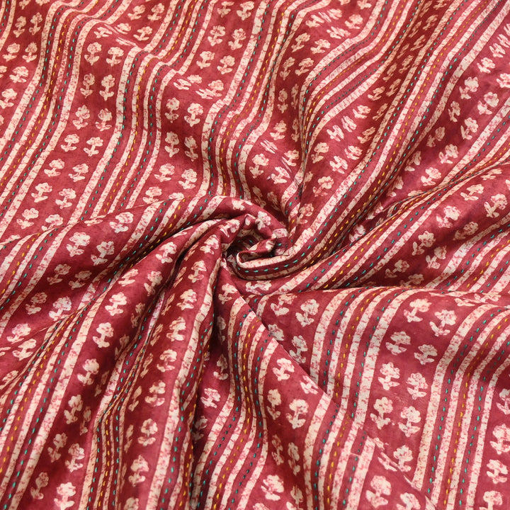 Pure Silk Chanderi Kantha Print Fabric 44" – Designer Printed Silk Chanderi Fabric - KAT445-7