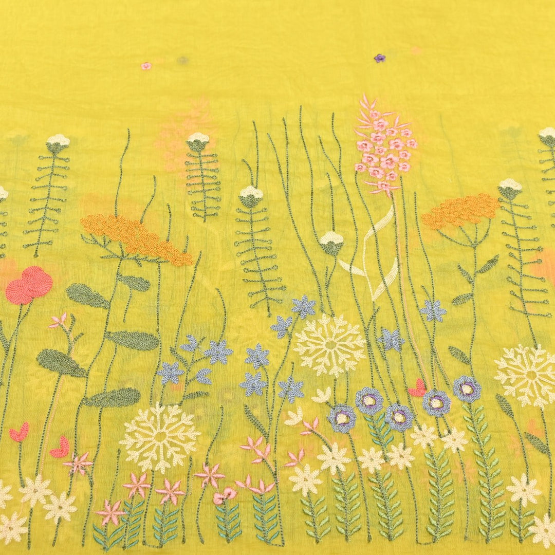Light Mustard Dyed Mul Chanderi Thread Embroidery Fabric-V1700C
