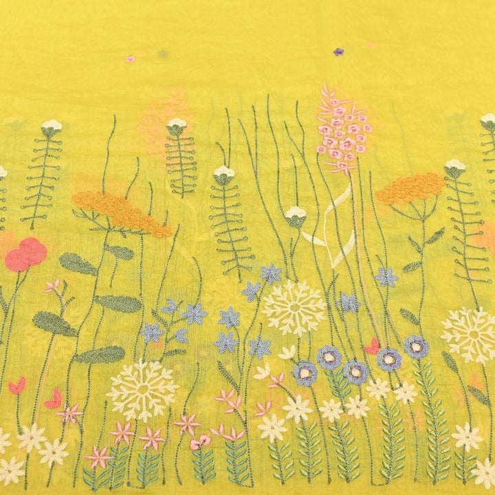 Light Mustard Dyed Mul Chanderi Thread Embroidery Fabric-V1700C