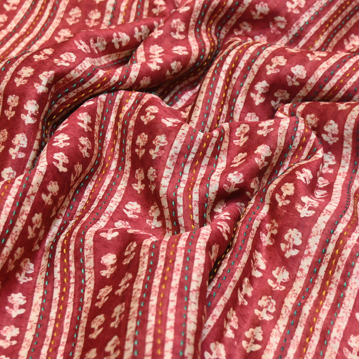Pure Silk Chanderi Kantha Print Fabric 44" – Designer Printed Silk Chanderi Fabric - KAT445-7