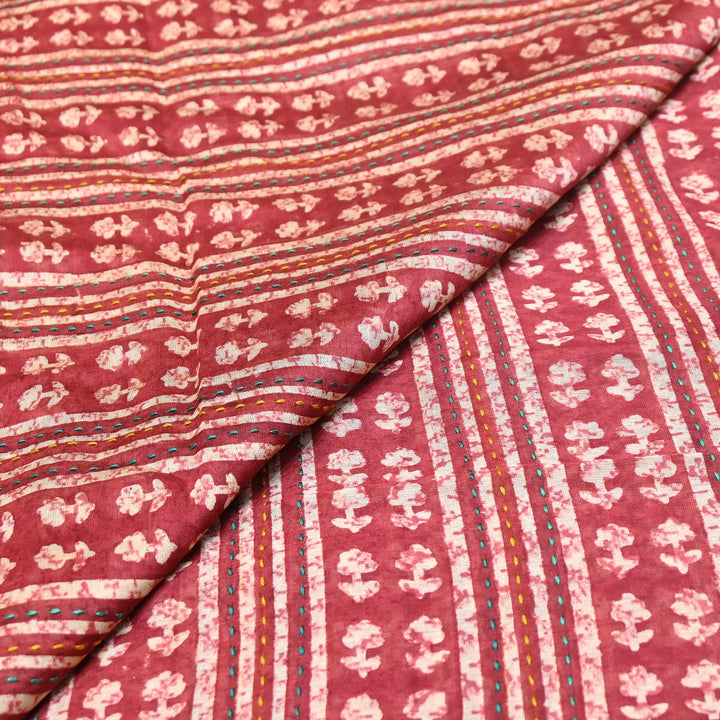 Pure Silk Chanderi Kantha Print Fabric 44" – Designer Printed Silk Chanderi Fabric - KAT445-7