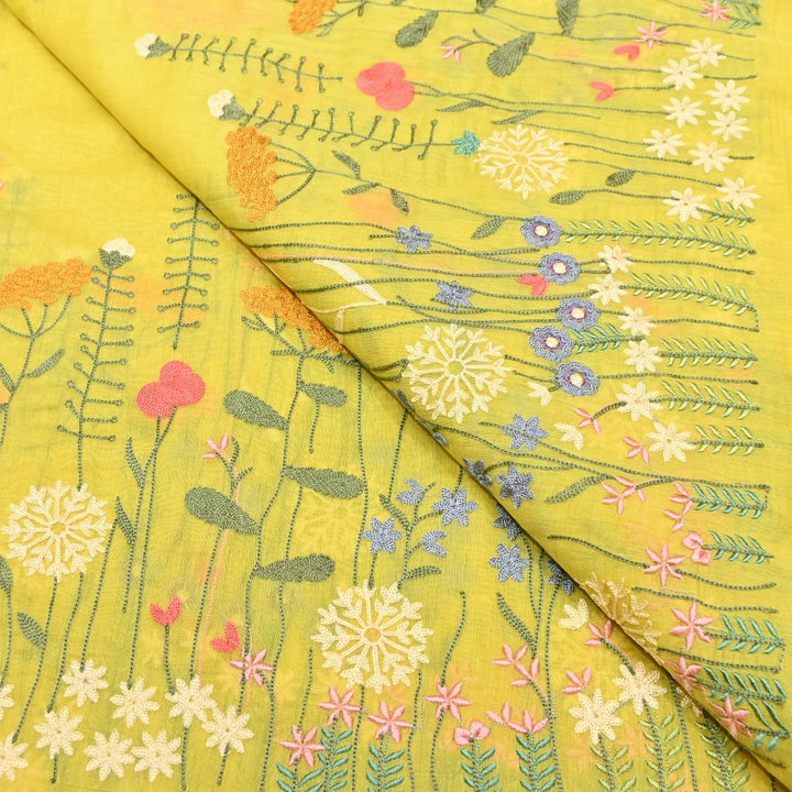 Light Mustard Dyed Mul Chanderi Thread Embroidery Fabric-V1700C