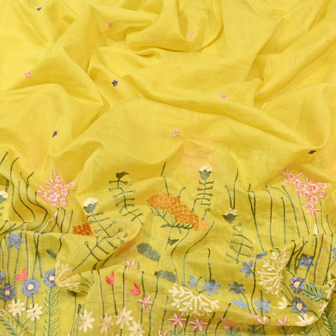 Light Mustard Dyed Mul Chanderi Thread Embroidery Fabric-V1700C